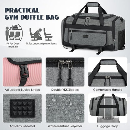 IGOLUMON Gym Bag for Men 55L Sports Duffel Bags Gym Duffle Bag Women with Shoe Compartment & Wet Pocket Water Resistant Travel Duffel Bag Lightweight Weekender Overnight Bag Gray