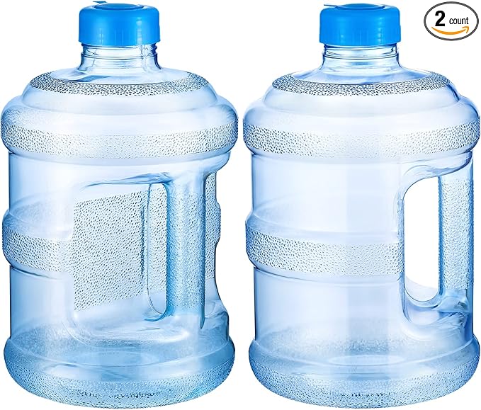 Bokon 2 Pieces gallon water jugs Round Plastic Water Bottle with Handle Screw Cap Reusable Large Capacity Bottle for Camping Outdoor Travel Gym Use