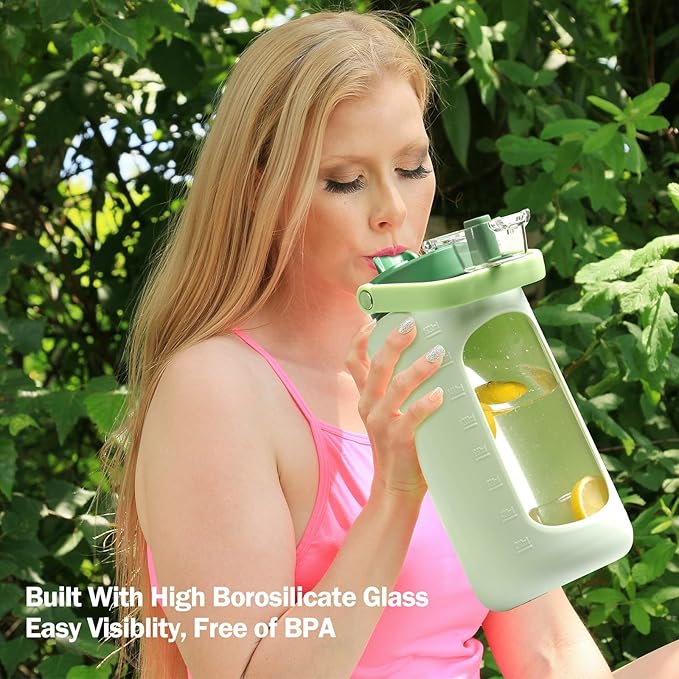 72oz Glass Water Bolttles, 3-in-1 Straw and Sip Spout Handle Lid, Half Gallon Water Bottle with Time Marker and Silicone Sleeve, BPA-Free Sports Water Bottle for Gym, School, Light Green