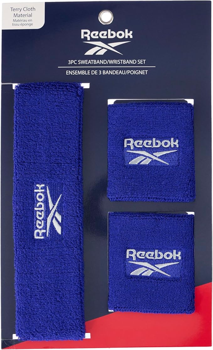 3pc Unisex Athletic Sweatband Set - 2.25in Workout Headband & 3.25in Wristbands w/Stay Dry Technology, Terry Cloth Band Moisture-Wicking Fabric | Quality Fitness Accessories for Active Comfort-Reebok