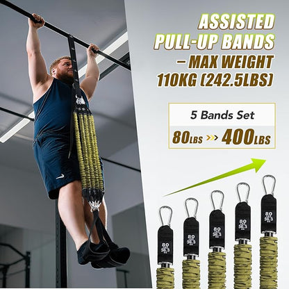 Pull Up Assistance Bands with Foot Support Pedal - Upgraded Heavy Duty Resistance Bands Adjustable Weight/Height with 80Lbs Bands&Measured Strap for Strength Training Home Gym