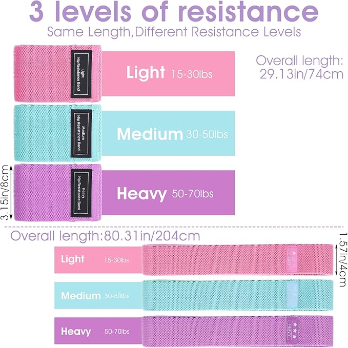 6PCS Fabric Resistance Bands for Legs, 3 Strength Level Elastic Stretching Assist Band with Portable Bag, Non-Slip Workout Bands for Squats Yoga Therapy, Women Cloth Band for Working Out