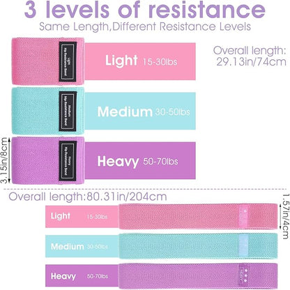6PCS Fabric Resistance Bands for Legs, 3 Strength Level Elastic Stretching Assist Band with Portable Bag, Non-Slip Workout Bands for Squats Yoga Therapy, Women Cloth Band for Working Out