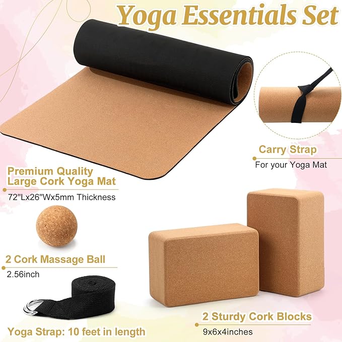 7 Pcs Cork All in One Yoga Essentials Kit Large Cork Yoga Mat and Blocks Set with Carry Strap and Alignment Lines 2 Pcs Massage Balls 10ft Stretch Strap for All Levels