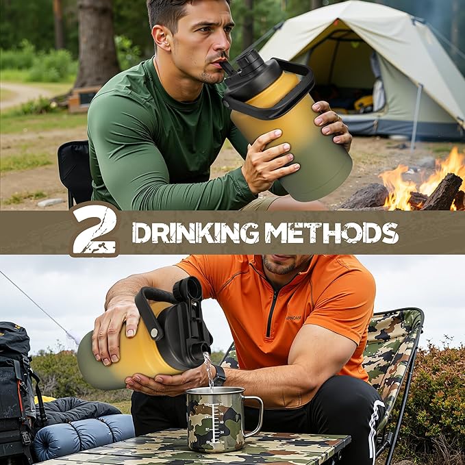 NATURE PIONEOR 1 Gallon Tactical Water Bottle Set, Stainless Steel 128 oz Sport Water Bottle with Tactical MOLLE Bottle Carrier Sleeve, for Outdoor Work, Gym, Hiking, Camping