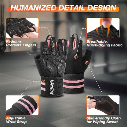 SIMARI Workout Gym Gloves for Men Women, Weight Lifting Gloves with Wrist Wrap Support, SBR Pad Grip for Full Palm Protection, for Exercise, Fitness, Dumbbells, Barbell, Climbing, Fingerless