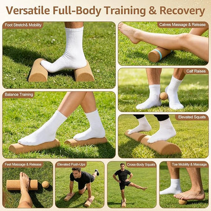 Natural Cork 5 in 1 Balance Board Kit, Foot & Ankle Strengthener with Massage Roller, Ball, Toe & Yoga Resistance Bands, Balance Trainer for Stability, Foot Strength, Pain Relief & Home Fitness
