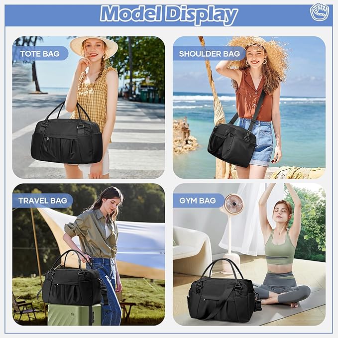 Small Black Gym Duffle Bag for Women Men with Shoe Compartment, Mini Cute Weekender Handbag Carry on Travel Bag for Airplane, Water Resistant Sports Yoga Tote Bag with Dry Wet Separated Pocket.