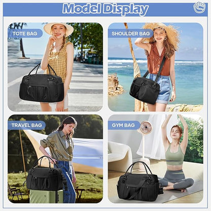 Small Black Gym Duffle Bag for Women Men with Shoe Compartment, Mini Cute Weekender Handbag Carry on Travel Bag for Airplane, Water Resistant Sports Yoga Tote Bag with Dry Wet Separated Pocket.