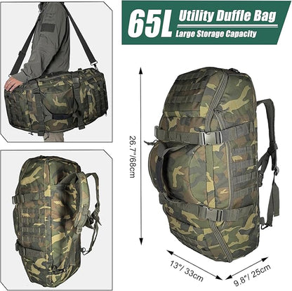 65L Large Duffle Bag, 3-in-1 Tactical Backpack MOLLE Pack for Sports, Gym, Outdoor, Woodland