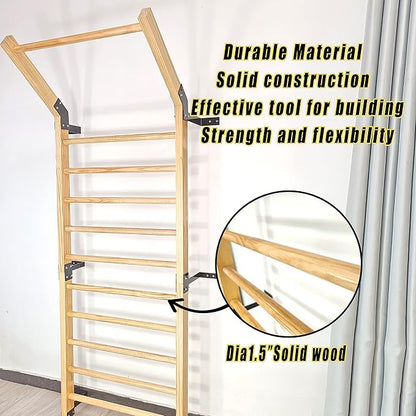 Swedish Ladder,Gymnastics Stall Bar, Wall Mounted Pull Up Bar- Solid Wood With11 Strategic Rods-86.6 Inches Height, 32 Inches Width, Indoor Gym Workout Yoga