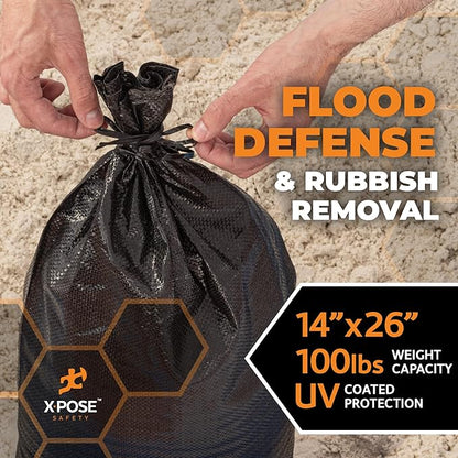Xpose Safety Heavy Duty Sand Bags with Tie Strings – Empty Woven Polypropylene Sandbags for Hurricane Flood Protection, 100 lb Capacity, 14" x 26", Black, Pack of 1000
