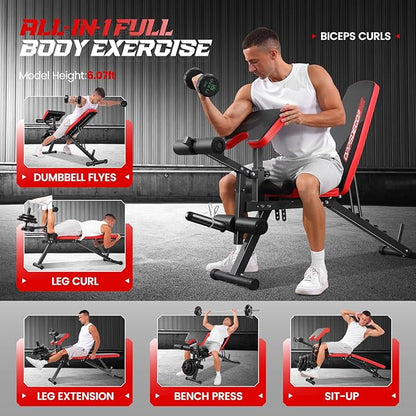 OPPSDECOR Adjustable Weight Bench with Leg Extension and Leg Curl, Workout Bench Press Preacher Curl Bench with Wheels, 800 LBS Flat/Incline/Decline Sit-Up Bench Gym Bench for Home Workout