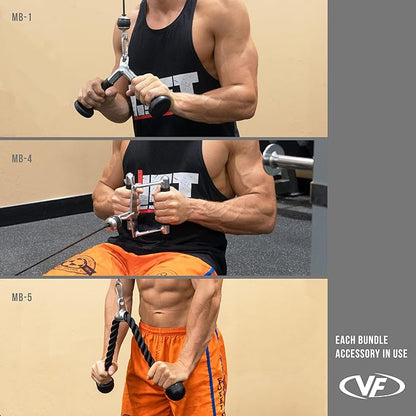 Valor Fitness Cable Machine Attachments - Tricep Rope, V-Bar, Single D-Handle, Rotating Straight Bar, Ankle Strap, Ab Crunch Harness, Triangle Chest Pull for Home Gym Equipment