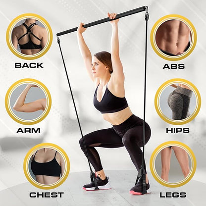 Pilates Bar Kit with Resistance Bands for Women & Men(30,40,50 Lbs), Pilate Bar with Non-Slip Foot Belts, 3-Section Pilates Bar Workout Equipment for Legs, Hip, Waist and Arm