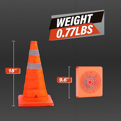 RoadHero 18 Inch 4 Pack Collapsible Traffic Safety Cones, Multi Purpose Pop-up Cones with Reflective Collar for Road Safety, Orange Cones for Driving Training, Parking Lots
