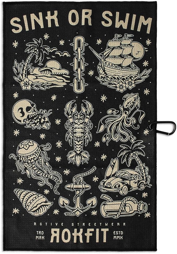 RokFit Gym & Golf Towel – Multi-Use, Quick-Dry, Durable Utility Towel with Bold Graphic and Carabiner Clip (Sink Or Swim)