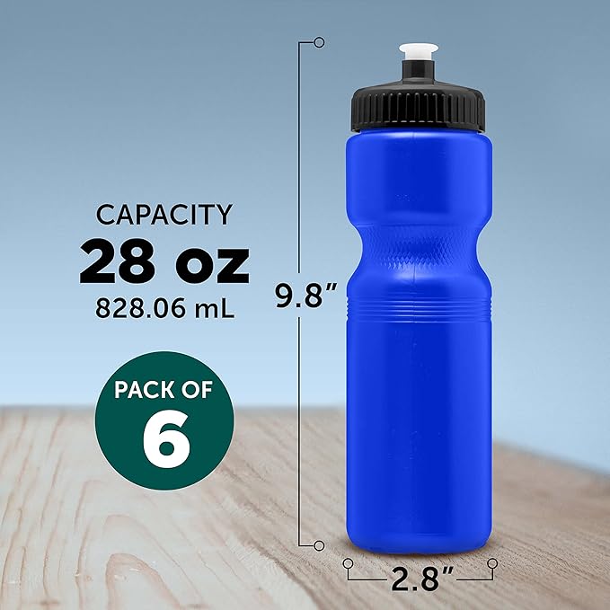 DISCOUNT PROMOS 28 oz. Push Cap Plastic Water Bottles Set of 6, Bulk Pack - Perfect for Gym, Hiking, Camping, Outdoor Sports - Reflex Blue