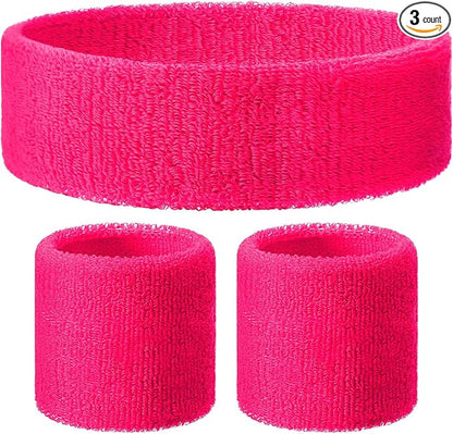 3 Pack Neon Sweatbands Set 80s Wristband and Headband Color War Accessories Sports Sweatbands for Summer Ball Party