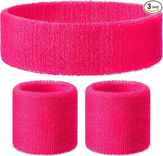 3 Pack Neon Sweatbands Set 80s Wristband and Headband Color War Accessories Sports Sweatbands for Summer Ball Party