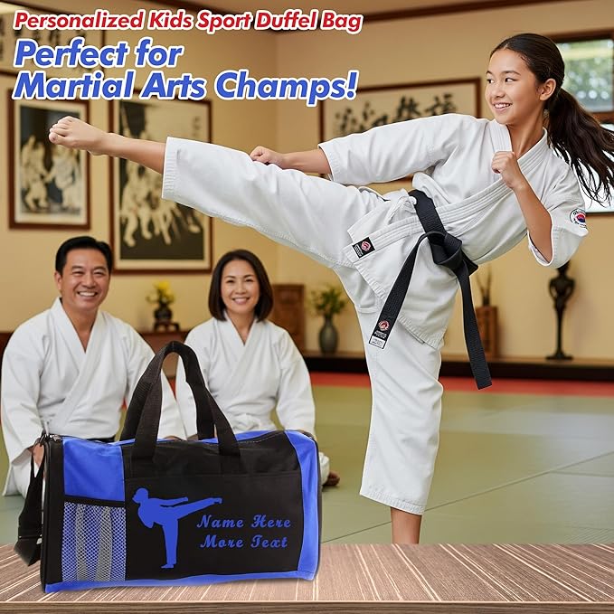 KishKesh Personalized Sport Duffel Bag – Ideal for Martial Arts, Gym, Travel, Training & Workout Essential for Female – Durable, Customizable Name & Text for Kids and Adults – Blue, 18" X 10" X 8"