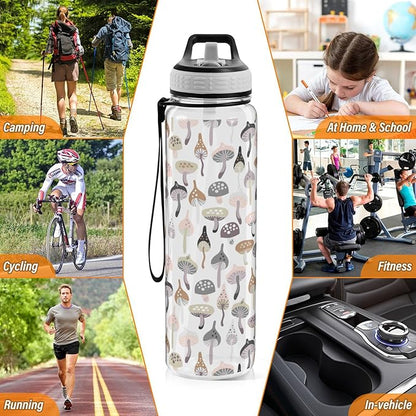 Fustylead Forest Mushrooms 32oz Water Bottle with Straw, Leakproof Clear Sport Water Bottles for Gym Camping Hiking Travel