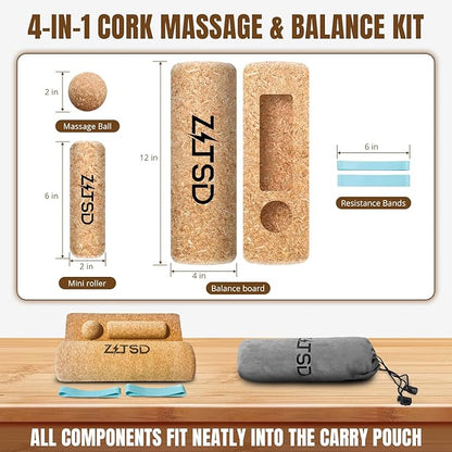 Natural Cork Balance Board Kit - 4-in-1 Foot & Ankle Strengthener with Half-Cylinder Boards, Mini Roller, Massage Ball & Toe Resistance Bands - Portable Balance Trainer for Home, Office & Gym
