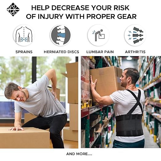 Back Brace for Men Lower Back Heavy Lifting with Suspenders, Back Support Belt for Work, Lower Back Brace with Lumbar Support for Back Pain Relief, Construction Warehouse Moving Belt, Size L