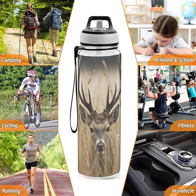 YETTASBIN Deer Clear Water Bottle with Straw Lid, BPA-Free Leakproof Sport Water Bottle 32oz Large Gym Water Jug for Men Women Travel Fitness Outdoor