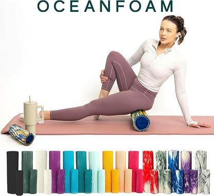 Oceanfoam Ripple Travel Foam Roller (11" x 3.35") Firm Mini Foam Roller for Physical Therapy, Deep Tissue Massage, Back Pain, High Density, Wave Textured, Yoga, Exercise (Royal Gold & Natural Marbled)