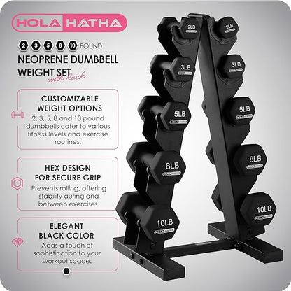 HolaHatha 2, 3, 5, 8, and 10 Pound Neoprene Dumbbell Free Hand Weight Set with Rack, Ideal for Home Exercises to Gain Tone and Definition, Pastel