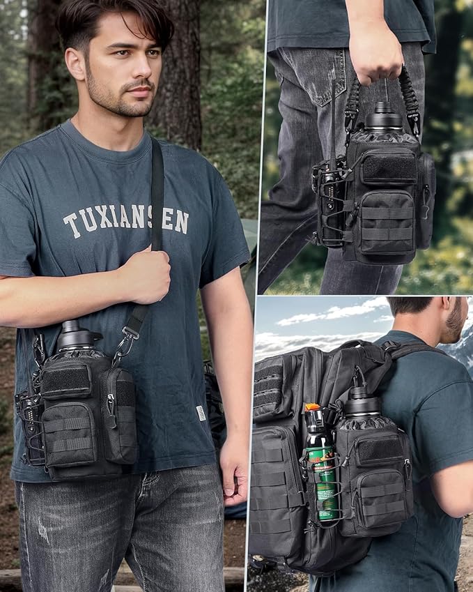 64 oz Insulated Water Bottle with Sleeve, Half Gallon Stainless Steel Tactical Water Jug Large Military Water Bottle with 3-IN-1 Pouch/3 Lids/Straw/Paracord Handle for Gym, Camping, Workout
