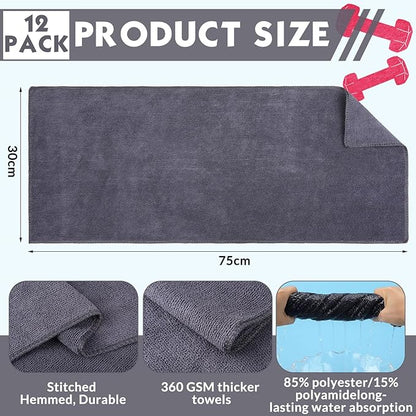 Handepo 12 Pcs Microfiber Workout Gym Towels, 360 GSM 12x30 Inch Fast Drying Yoga Towels for Sweat, Soft Gym Towel for Men Women Travel Sports(Gray)