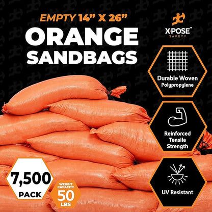 Xpose Safety Heavy Duty Sand Bags with Tie Strings – Empty Woven Polypropylene Sandbags for Hurricane Flood Protection, 50 lb Capacity, 14" x 26", Orange, Bulk Half Pallet Pack of 7500