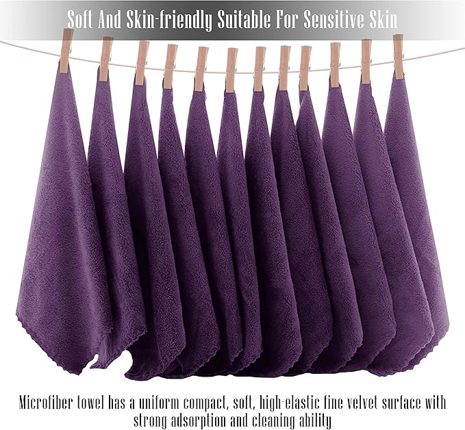 TENSTARS 12 Pack Premium Washcloths Set - Quick Drying- Soft Microfiber Coral Velvet Highly Absorbent Wash Clothes - Multipurpose Use as Bath, Spa, Facial, Fingertip Towel (Grape Purple)