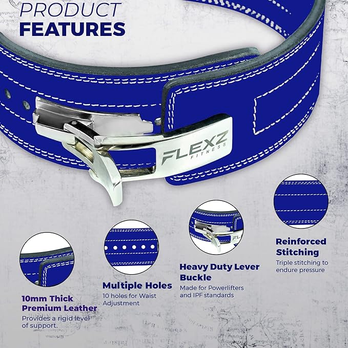 Flexz Fitness Lever Weight Lifting Belt Leather - 10MM 13MM Powerlifting Gym Belts for Men & Women - Lower Back Support for Weightlifting Deadlifts Squats Heavy Duty IPF Bodybuilding