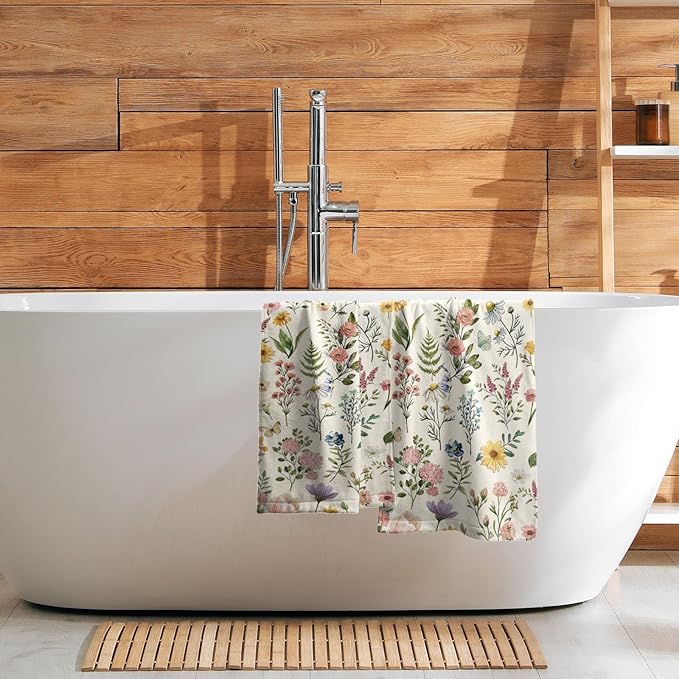 Watercolor Wildflowers Spring Kitchen Towels 14"x28" Set of 2 Rustic Floral Hand Bath Towel Vintage Flowers Seasonal Soft Absorbent Fingertip Towel for Bathroom Shower Hotel Gym