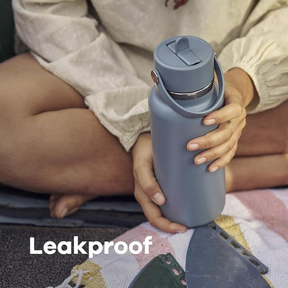 Hydro Flask Water Bottle - Insulated Stainless Steel - Wide Mouth Flex Straw Lid, Non Spill, Leakproof and Refillable in 32 Oz Tonal White