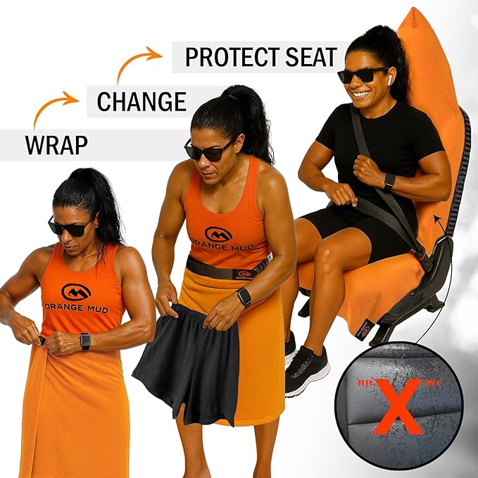 Orange Mud Transition & Seat Wrap V2.0 – Car Seat Cover, Changing Kilt & Multipurpose Towel – Sweat-Proof, Quick-Dry, Secure Wrap for Athletes, Runners, Cyclists – Orange