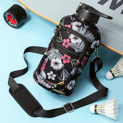 Fimibuke Half Gallon Water Bottle with Sleeve 64 OZ Water Bottle with Handle & Straw Leakproof Motivational Sports Gym Water Bottle with Time Marker BPA Free Water Jug with Reusable Neoprene Holder