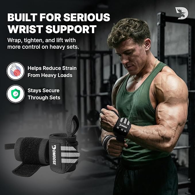 DMoose Fitness Wrist Wraps for Weightlifting 18" - Heavy Duty Gym Wrap with Hand Thumb Loop for Support & Pain Relief, USPA Approved Powerlifting, Weight Lifting Wrist Straps for Men & Women Work Out