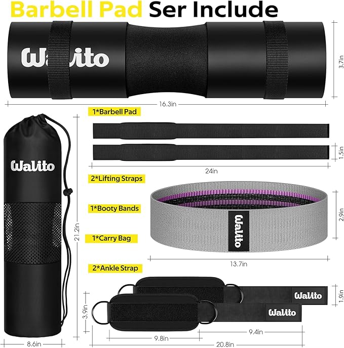 WALITO 8Pcs Barbell Pad Set for Hip Thrust - Squat Pad,Gym Accessories for Women with Bar Bad,Bench Press, with Gym Ankle Straps,Resistance Bands for Working Out,Lifting Strap,Carry Bag