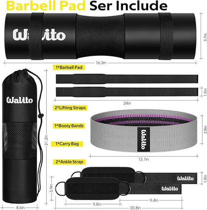 WALITO 8Pcs Barbell Pad Set for Hip Thrust - Squat Pad,Gym Accessories for Women with Bar Bad,Bench Press, with Gym Ankle Straps,Resistance Bands for Working Out,Lifting Strap,Carry Bag