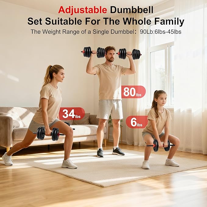 Adjustable Dumbbell Set, 10/20/30/45/70/90lbs Free Weight Set with Connector, 5 in1 Dumbbells Set Used as Barbell, Kettlebells, Push up Stand,Weight Plate, Fitness Exercises for Home Gym Suitable Men/Women