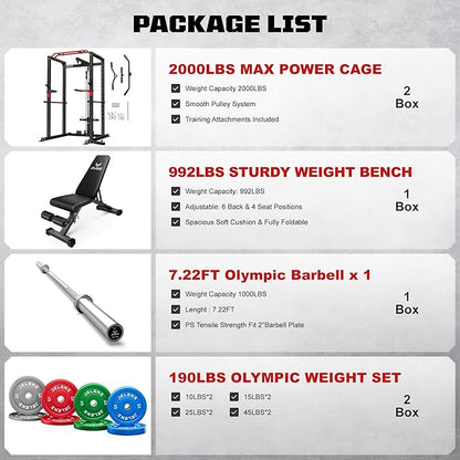 S11 Power Cage, 2000LB Multi-Function Power Rack with LAT Pulldown, Squat Rack with Adjustable Pulley System and Training Attachments, Weight Rack for Home Gym