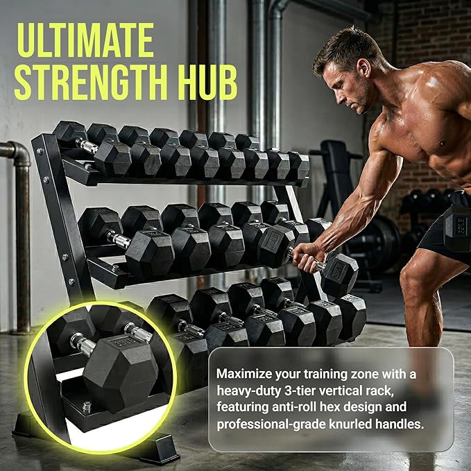 Rubber Hex Dumbbells with Storage Rack 350/450/550 LBS - Free Dumbbell Weight Set for Home Gym Equipment Exercise & Fitness Dumbbells for Strength Training
