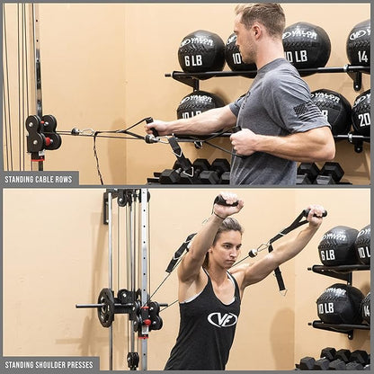 Valor Fitness Wall Mounted Cable Machine, Dual Adjustable Pulley System with 16 Height Positions, Space-Saving Home Gym Strength Training Equipment