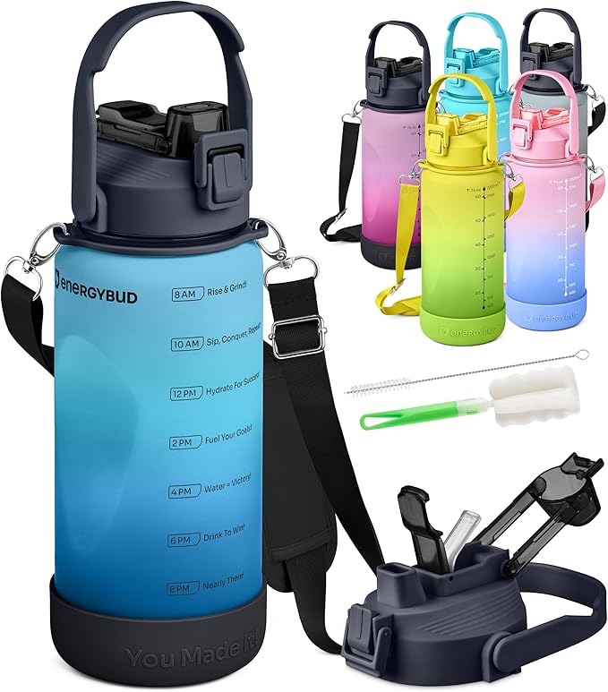 1/2 Gallon Water Bottle with 74.3 oz Capacity - Motivational Time Markers for Daily Hydration Goals - Leakproof BPA Free Tritan with Removable Straw