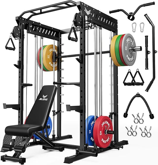 M21 Smith Machine, Multi-Function Power Cage with Dual Pulley Cable Crossover System, 2000LBS All-in-One Squat Rack with Smith Bar and Attachments for Home Gym Strength Training