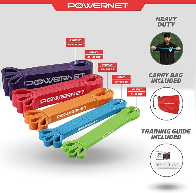 PowerNet Resistance Bands, Heavy Duty & Regular Resistance Color-Coded Exercise Bands, Workout Equipment for Home Gym, Progressive Elastic Bands for Stretching & Training, Regular, Heavy-Duty or Combo